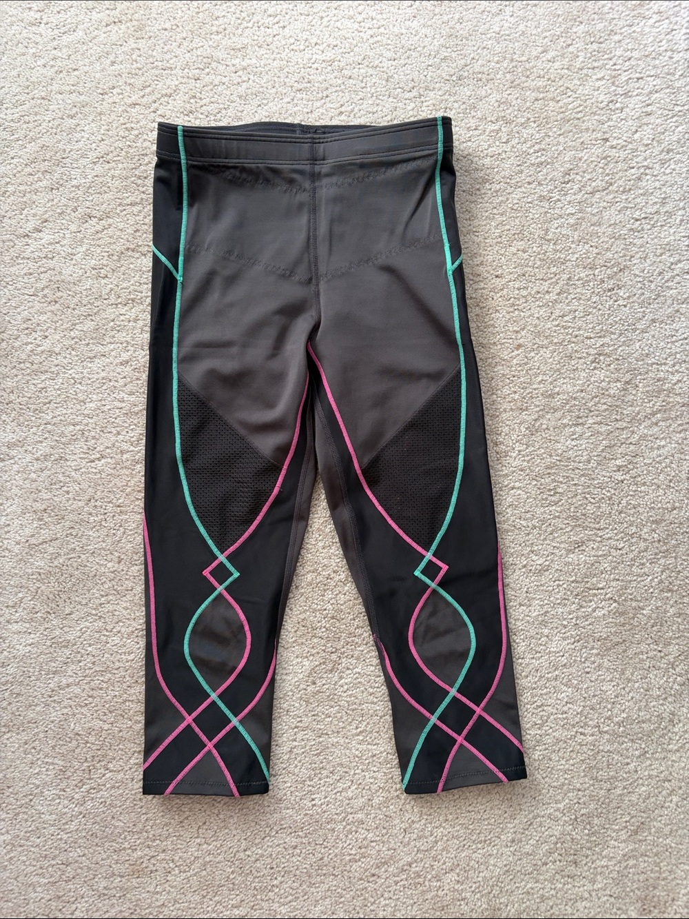 Black Athletic Compression Capri Leggings with Pink & Teal Accents